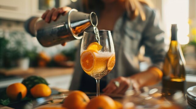 A beautiful young woman mixing soda from a can into wine glasses to make a cocktail drink in the kitchen for a large group of people at her home.
