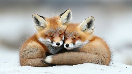 Obraz premium Two Red Fox Kits Snuggling Together in the Snow