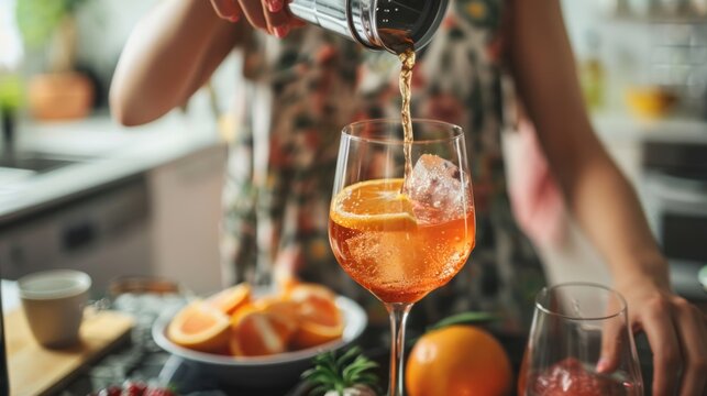 A beautiful young woman mixing soda from a can into wine glasses to make a cocktail drink in the kitchen for a large group of people at her home.