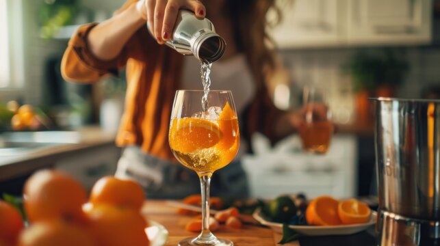 A beautiful young woman mixing soda from a can into wine glasses to make a cocktail drink in the kitchen for a large group of people at her home.