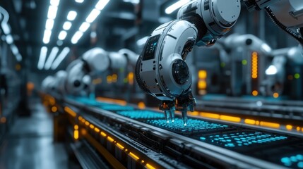 Fototapeta premium A fully automated production line with robotic arms working in synchronization, illustrating the future of manufacturing.