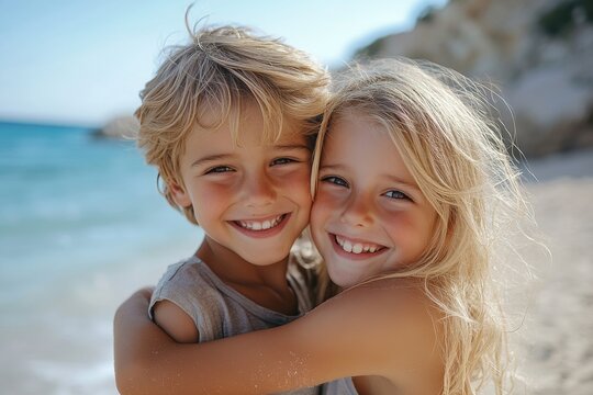 Siblings hugging at the beach on a sunny day on vacation. Cute smiling siblings hugging on beach, Generative AI