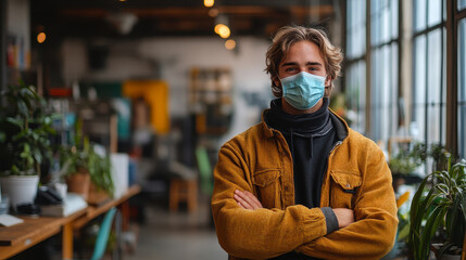 Young Businessman in Casual Clothing with Face Mask Posing in Modern Office Setup, New Workspace, Confidence, Safety, COVID-19 Precautions, Professional Environment, Natural Light, Office Plants
