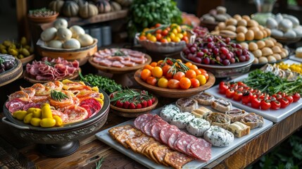Fototapeta premium A vibrant spread of fresh produce, meats, and cheeses on a rustic wooden table during a sunny afternoon