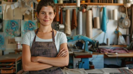 Close-up of a happy smiling female tailor with arms crossed standing in a perfect sewing room.