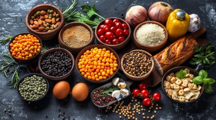 Diverse assortment of fresh ingredients arranged on a textured surface with herbs and spices in a kitchen setting