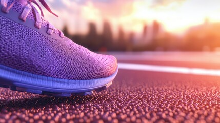 Close-up of a purple running shoe on a track at sunrise symbolizing fitness, performance, and athletic focus