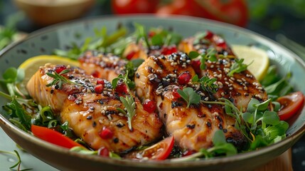 Grilled salmon fillets served on a bed of fresh greens and garnished with tomatoes and herbs