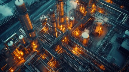 Obraz premium A large chemical manufacturing plant with a complex system of machinery, reactors and industrial equipment