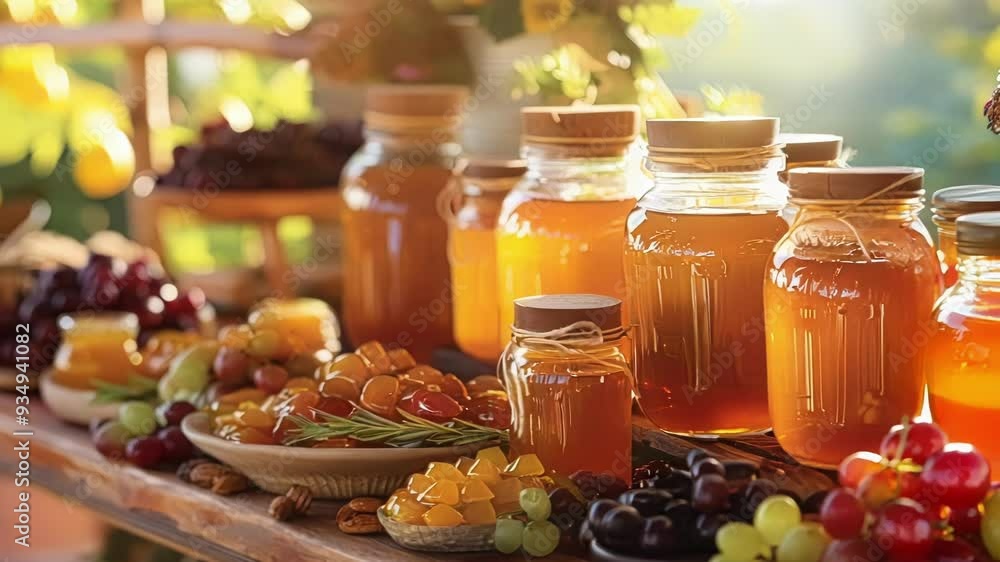 Poster jars of different sizes are filled with golden honey and displayed on a rustic wooden table with gra