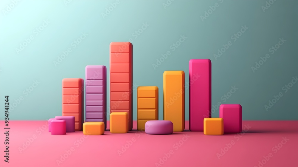 Poster vibrant and dynamic 3d rendered bar chart data visualization featuring sleek geometric shapes clean 