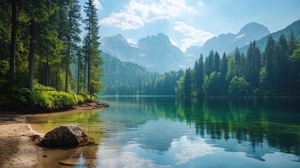 Clear mountain lake with a sandy shoreline, surrounded by dense forest and mountain ranges, perfect for scenes of isolation and wilderness.