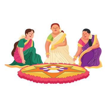 women doing rangoli for onam festival