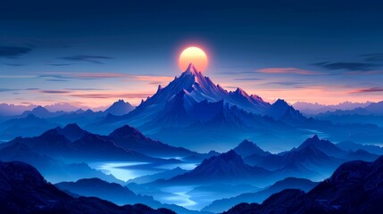 Sunset over a Mountain Range with Fog and Trees