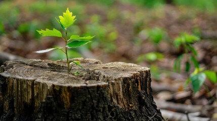 Young green plant sprouting from tree stump in forest. Renewal and growth