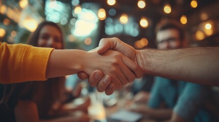 A team celebrating a successful collaboration, with handshakes and smiles indicating a job well done.