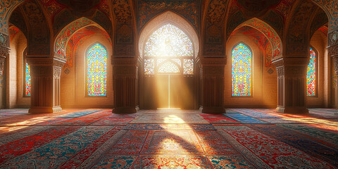 Obraz premium An Islamic mosque interior with ornate arches, generative AI