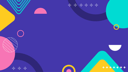 Geometric shapes and colors, creating a dynamic and playful visual effect on a deep purple background.