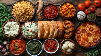 A vibrant spread of various dishes including pasta, bread, and vegetables on a wooden table