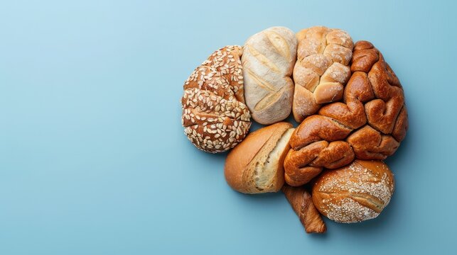 A creative arrangement of various breads shaped like a human brain on a blue background symbolizes nourishment and creativity.