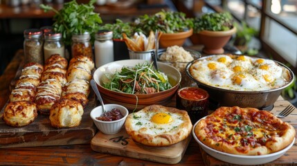 A vibrant spread of diverse dishes featuring flatbreads, salads, and sunny-side-up eggs at a cozy restaurant setting
