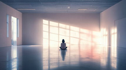 Solitary Person in Vast Empty Room with Sunlight, Emphasizing Loneliness, Isolation, and Reflection