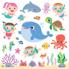 Cute Underwater World with Marine Animals and Kids