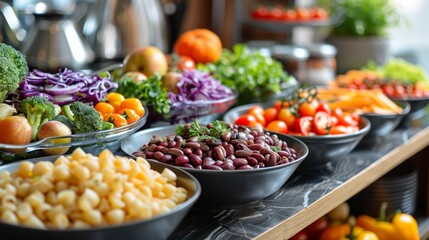 Obraz premium Fresh vegetables and fruits displayed in bowls at a market during daylight