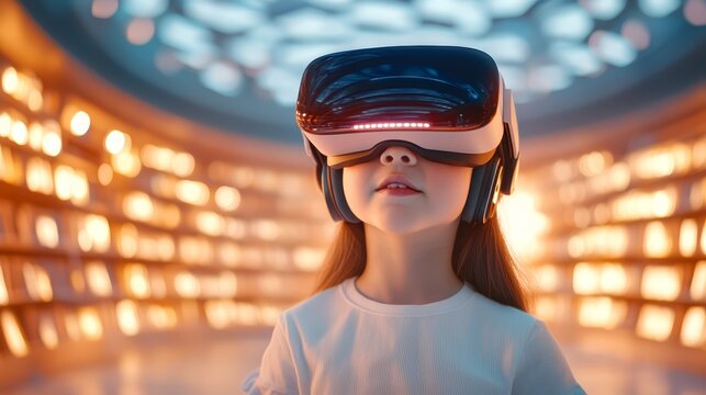Young girl wearing VR headset in a library