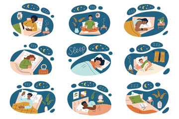 Sleep vector illustrations set. Collection of people sleeping or preparing for bed in cozy bedrooms, with hand lettering. Flat cartoon compositions of bedtime routine, night habits, relaxation tips