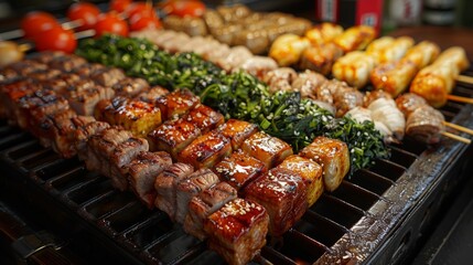 Grilled skewers of meat, vegetables, and seafood arranged on a barbecue during a summer gathering