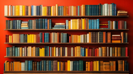 Stylish Modern Bookshelf with Multi-Colored Books on Red Wall, Home Library Storage and Organization Inspiration