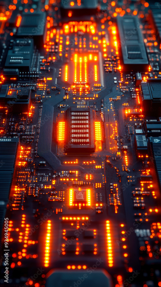 Poster advanced technology circuit board with orange illuminated hues - futuristic microchip close-up in wa
