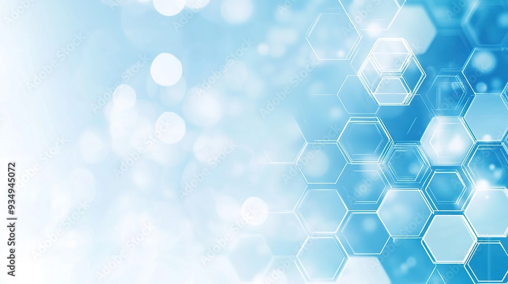 Poster hexagonal harmony: a symphony of blue hues and ethereal bokeh converge in this abstract background o