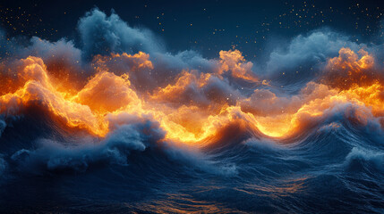 Fiery Waves in Oriental Line Art Style with Golden Texture - Luxury Chinese Japanese Inspired Background