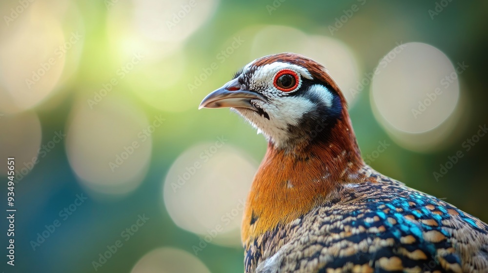Poster close-up of a colorful bird with bokeh background