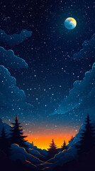 Naklejka premium Stunning Night Sky with Moon and Glowing Horizon Over Forest in 2D Flat Art Style Perfect for Nature Illustrations and Backgrounds