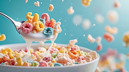 A spoonful of colorful cereal is shown in the air, with the spoon still in the bowl. The cereal is a mix of different colors, including yellow, orange, pink, and blue
