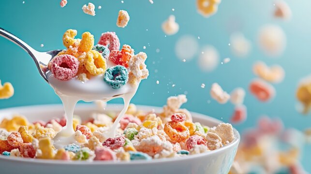 A spoonful of colorful cereal is shown in the air, with the spoon still in the bowl. The cereal is a mix of different colors, including yellow, orange, pink, and blue