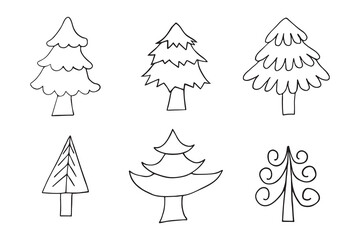 Hand drawn Christmas and New Year trees. Doodle style trees.