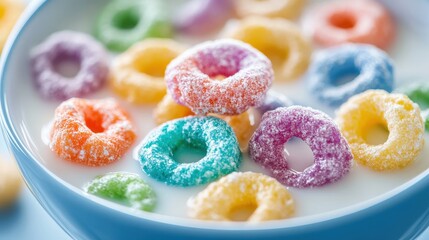 A bowl of colorful cereal with a bowl. The cereal is colorful and has a variety of flavors