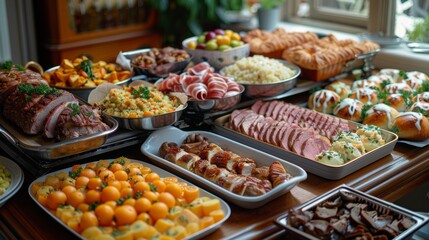 Fototapeta premium A festive banquet spread with various dishes, fruits, and pastries arranged on a wooden table during a celebration