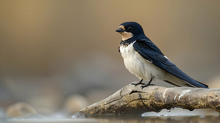 Obraz premium Amazon White-winged Swallow perched on a branch near water, its distinctive plumage visible