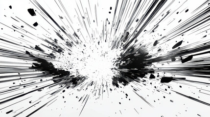 Dynamic Manga Style Explosion with Speed Lines and Burst Effects on White Backdrop, Abstract Comic Book Action Illustration for Graphic Resources