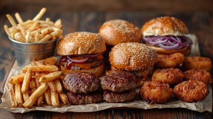 Delicious assortment of burgers, fries, and chicken sides on a rustic wooden table