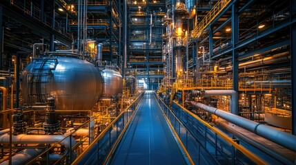 The interior of a fully operational chemical plant, featuring high-tech reactors, piping, and industrial equipment