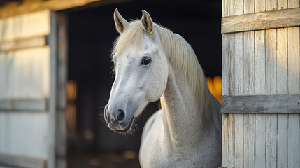Obraz premium Majestic White Horse in Serene Stable with Sunlit White Walls, Peaceful Equine Beauty in Rustic Setting
