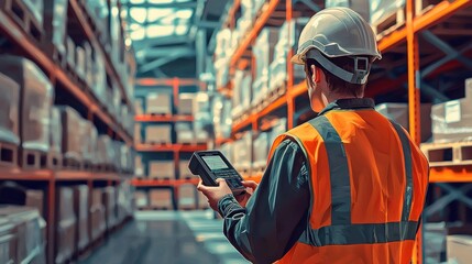 A realistic depiction of a worker wearing a safety vest and helmet, using a handheld scanner to check inventory in a warehouse. The background shows an organized space with shelves neatly stacked