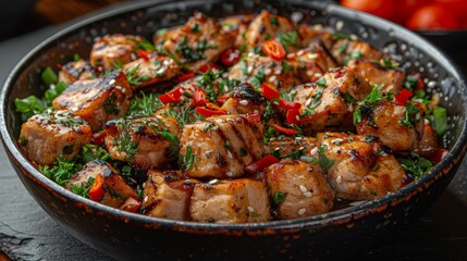 Fototapeta premium Grilled pork cubes with herbs and chili served in a rustic bowl