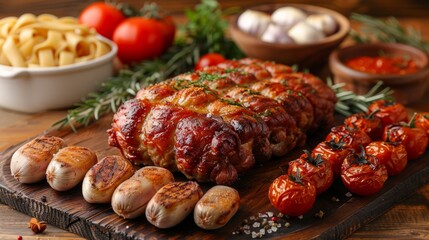 Fototapeta premium Deliciously roasted meat accompanied by grilled vegetables and pasta on a wooden board